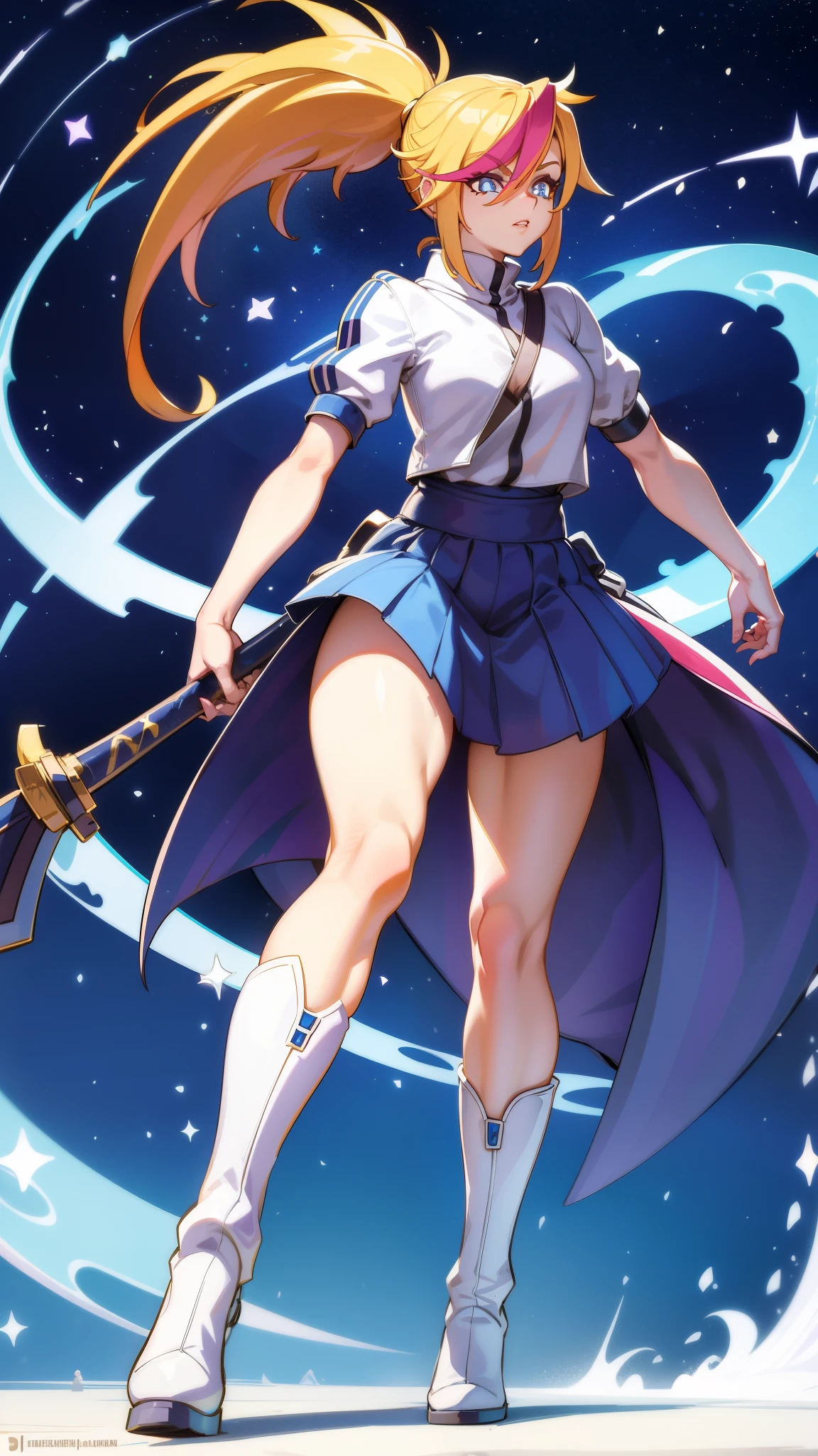 1 girl, ultra long hair, ultra detailed face, glowing lips, glowing blue eyes, very long ponytail, elegant walk, catwalk, holding down a  giant katana, blonde, long eyelashes, long boots , looking to the sky, starry sky, a ultra giant katana 