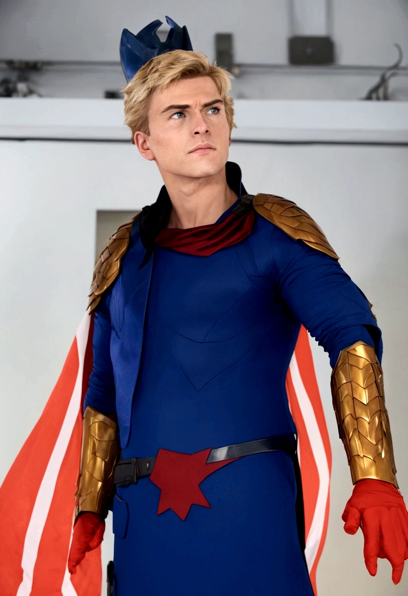Homelander's costume heavily features American patriotic symbols, such as the stars and stripes, which underline his public persona as a hero embodying American values.
Color Scheme: The red, white, and blue color scheme is prominent, enhancing his image as the quintessential American superhero.
Armor-like Elements: His suit is designed to look almost like armor, suggesting strength and invulnerability, reflecting his superhuman abilities.
Cape and Eagle Motif: He sports a cape, often associated with traditional superheroes, and an eagle emblem on his shoulder, further reinforcing the American theme.