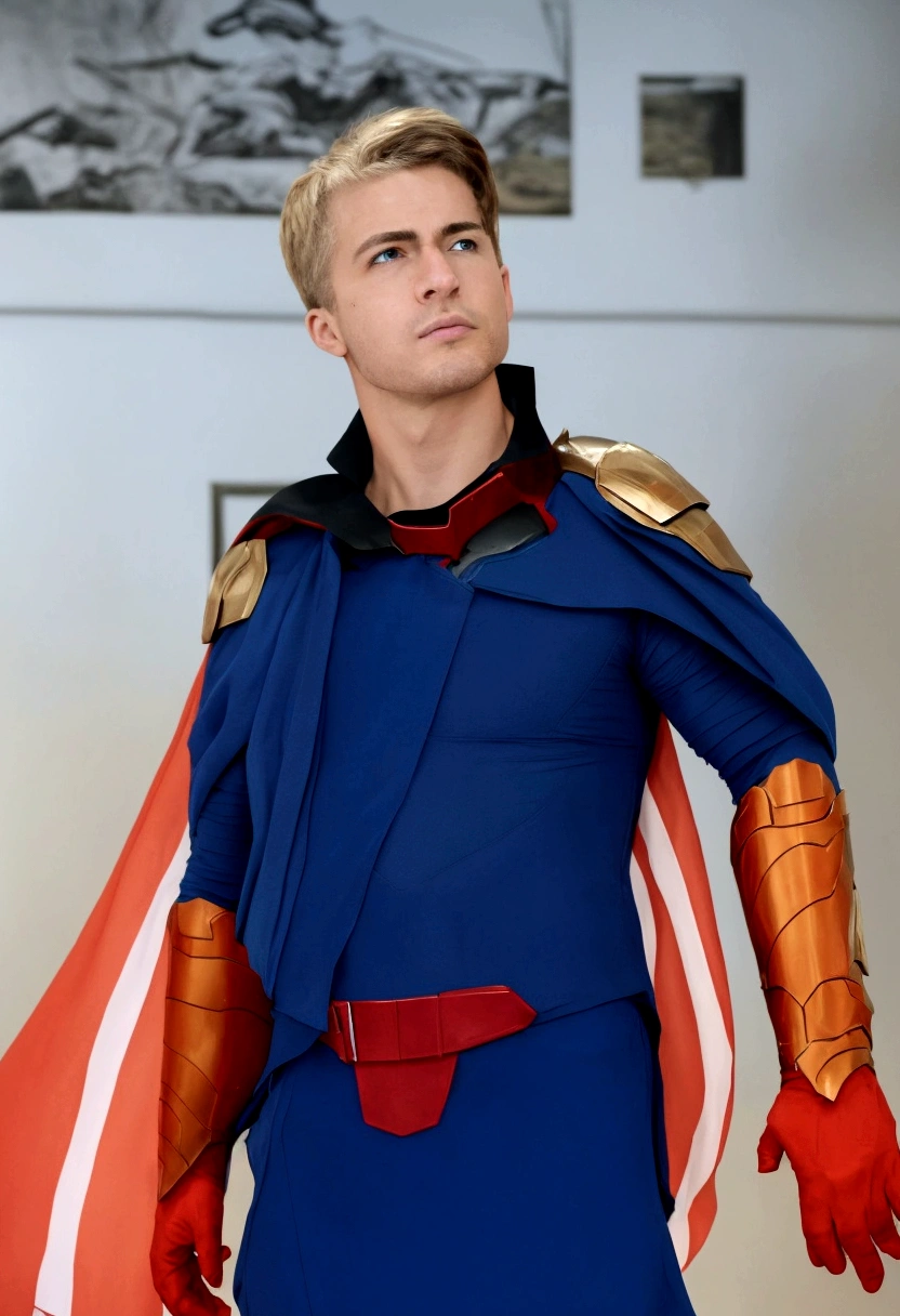 Homelander's costume heavily features American patriotic symbols, such as the stars and stripes, which underline his public persona as a hero embodying American values.
Color Scheme: The red, white, and blue color scheme is prominent, enhancing his image as the quintessential American superhero.
Armor-like Elements: His suit is designed to look almost like armor, suggesting strength and invulnerability, reflecting his superhuman abilities.
Cape and Eagle Motif: He sports a cape, often associated with traditional superheroes, and an eagle emblem on his shoulder, further reinforcing the American theme.