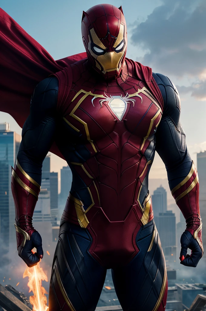 "Create an image of a superhero hybrid, combining the powers and attributes of Superman, Spider-Man, Captain America, Venom, Carnage, Iron Man, and Black Panther. The image should be highly detailed and realistic, with a focus on the textures and materials of the suit and equipment. The hybrid hero should be standing proudly, with a confident expression, ready to take on any challenge. Incorporate iconic elements from each superhero's design, such as Superman's cape, Spider-Man's web shooters, Captain America's shield, Venom's symbiote, Carnage's red tendrils, Iron Man's armor, and Black Panther's claws and vibranium suit."