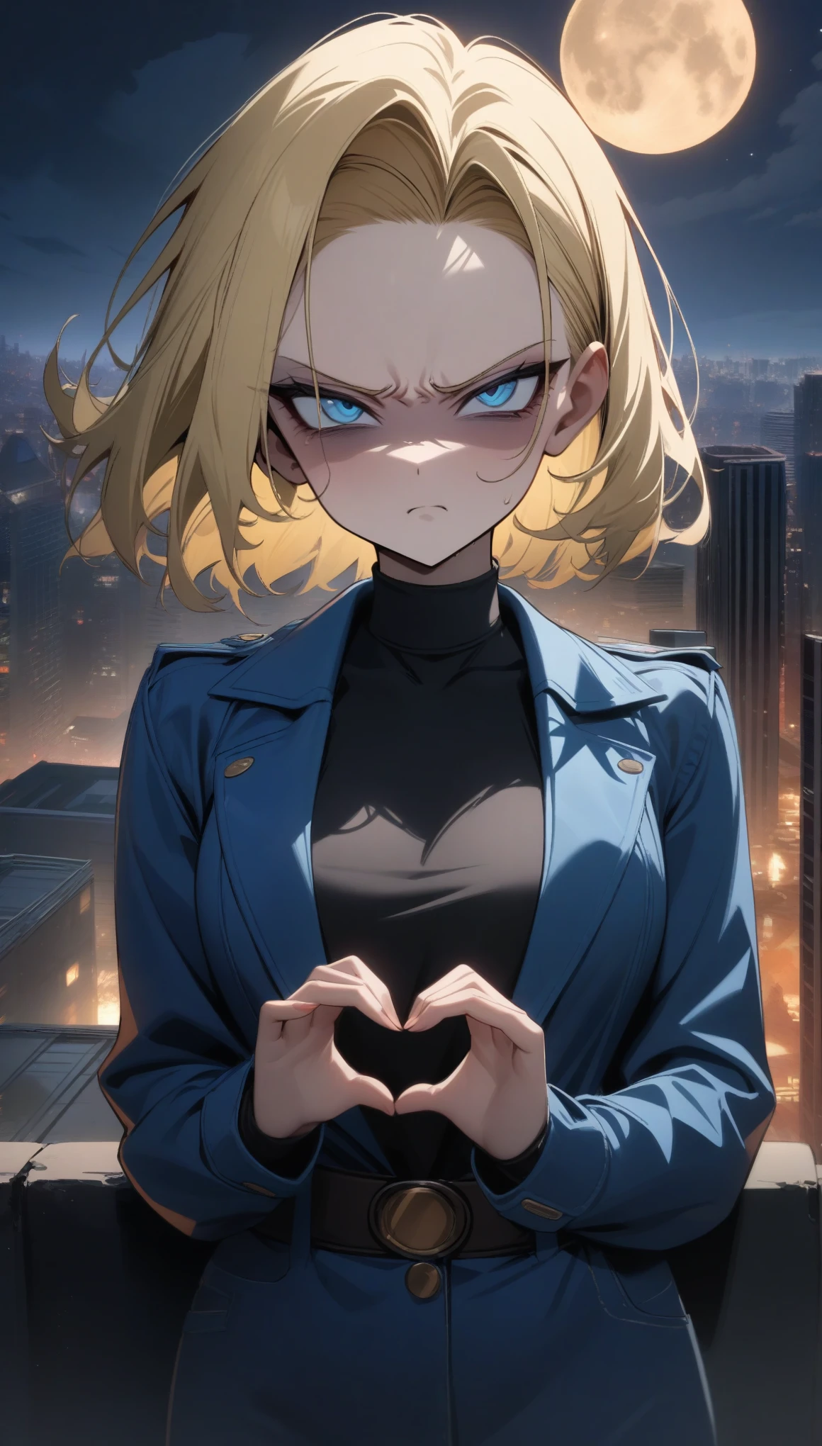 masterpiece, best quality, very aesthetic, absurdres, newest,1girl,upper body, (contempt, disgust,shaded face,looking at viewer,frown),heart-shaped gesture,,Android 18(Dragon Ball), short hair, blue eyes, blonde hair, blue jacket,cityscape, leaf, moon, night, night_sky, outdoors, sky, skyscraper,