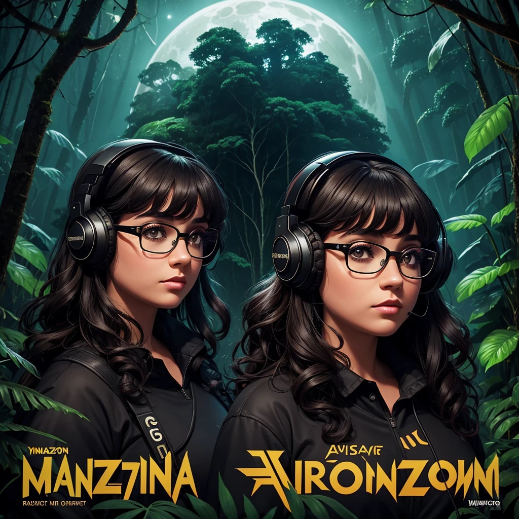 dark night at Amazon dense rainforest, podcast logotype, brunette, curly hair with bangs, young podcaster chubby woman wearing headphones with dark clothes, with dark heavy makeup, wearing glasses, podcast retro radio microphone, shadows in the background, Amazon Forest fauna, horror, mystical, 1990's art style, wide screen, high quality, moon behind