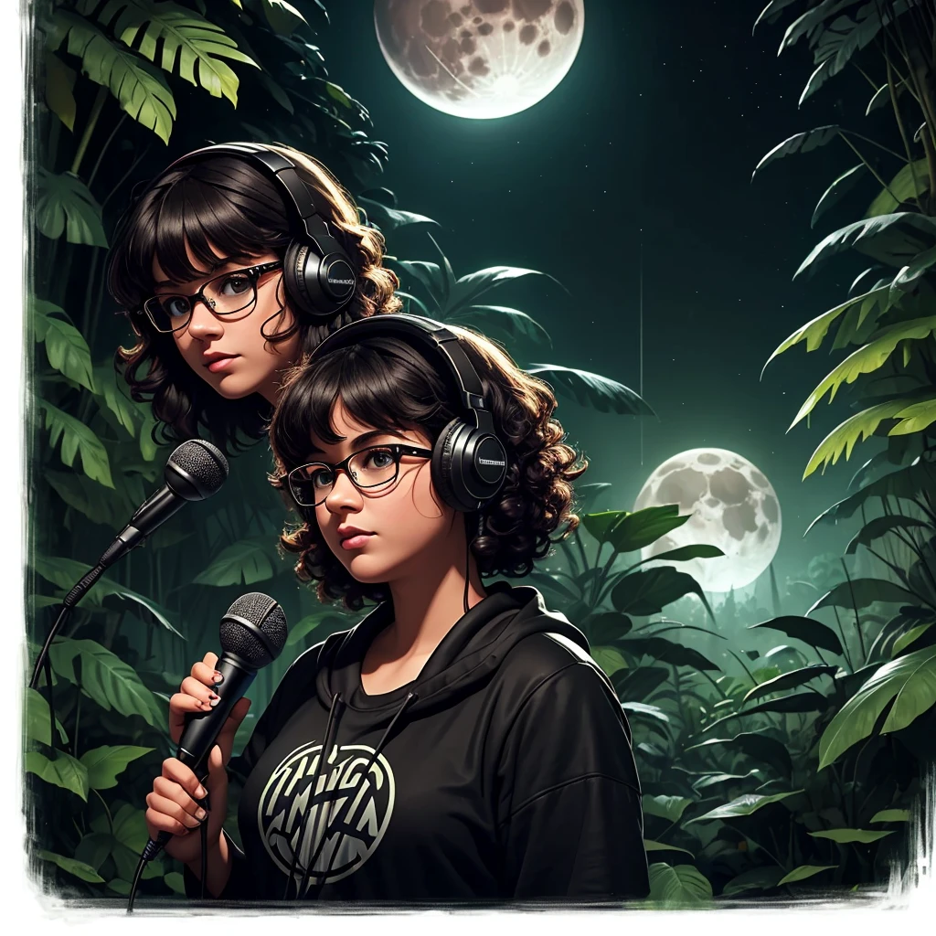 dark night at Amazon dense rainforest, podcast logotype, brunette, curly hair with bangs, young podcaster chubby woman wearing headphones with dark clothes, with dark heavy makeup, wearing glasses, podcast retro radio microphone, shadows in the background, Amazon Forest fauna, horror, mystical, 1990's art style, wide screen, high quality, moon behind