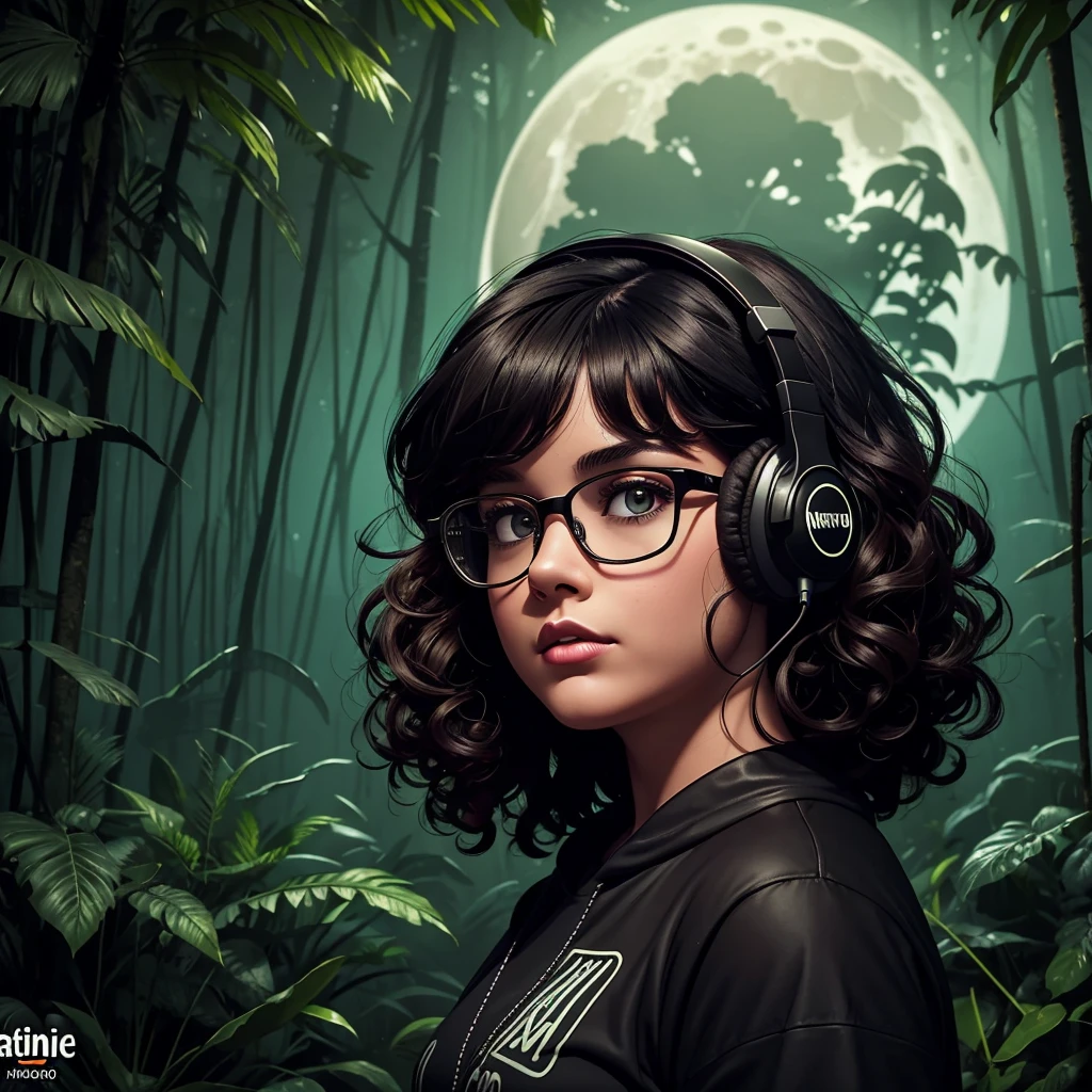 dark night at Amazon dense rainforest, podcast logotype, brunette, curly hair with bangs, young podcaster chubby woman wearing headphones with dark clothes, with dark heavy makeup, wearing glasses, podcast retro radio microphone, shadows in the background, Amazon Forest fauna, horror, mystical, 1990's art style, wide screen, high quality, moon behind