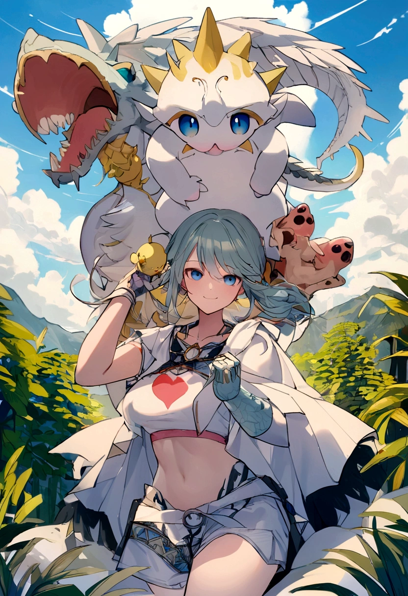 (shake:1.1), (White body:1.1), dragon,ปีกcarryนก, carry, cluster,carryนกสีฟ้า,(Palm World:1.2),  chest cluster,look at viewer, [blue eyes], smile, be happy,Heart shape,  Fotonoko,Hioshiru, Snowskau,anthropology, student, shade, forest, tree, mountain, cloud, route, crop top, shorts, white man, ดวงตา ดวงblue eyes, look at viewer, 
 