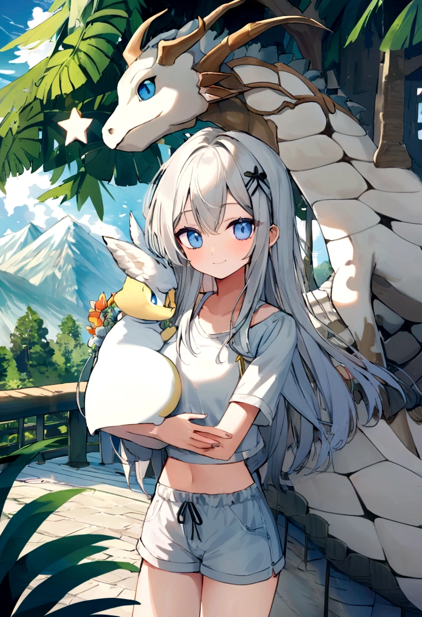 (shake:1.1), (White body:1.1), dragon,ปีกcarryนก, carry, cluster,carryนกสีฟ้า,(Palm World:1.2),  chest cluster,look at viewer, [blue eyes], smile, be happy,Heart shape,  Fotonoko,Hioshiru, Snowskau,anthropology, student, shade, forest, tree, mountain, cloud, route, crop top, shorts, white man, ดวงตา ดวงblue eyes, look at viewer, 
 