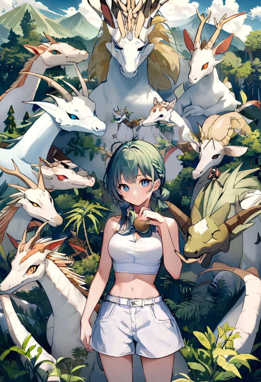 (shake:1.1), (White body:1.1), dragon,ปีกcarryนก, carry, cluster,carryนกสีฟ้า,(Palm World:1.2),  chest cluster,look at viewer, [blue eyes], smile, be happy,Heart shape,  Fotonoko,Hioshiru, Snowskau,anthropology, student, shade, forest, tree, mountain, cloud, route, crop top, shorts, white man, ดวงตา ดวงblue eyes, look at viewer, 
 