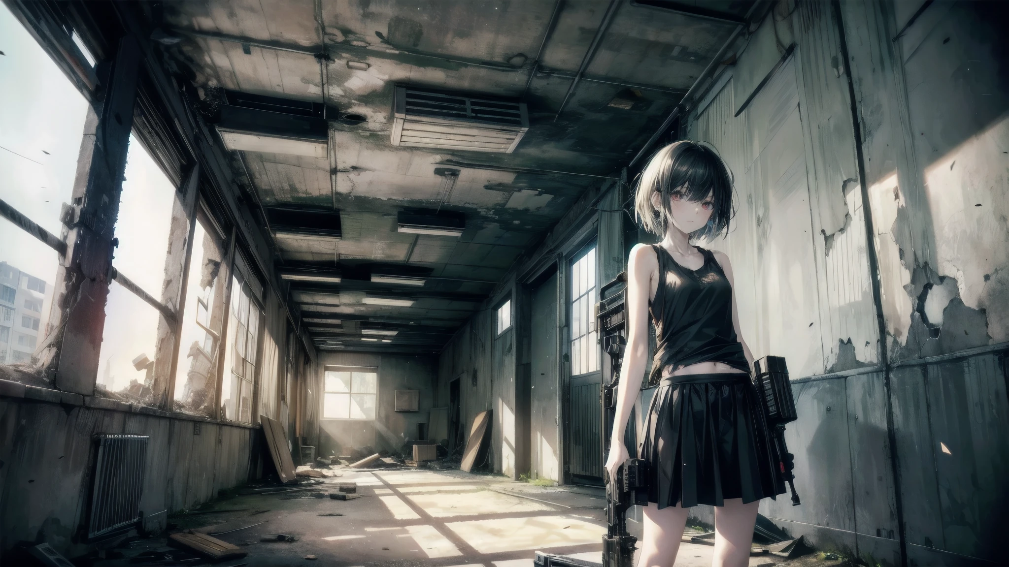 (Torn clothes), Tank top shirt, skirt, Anti-tank rifles, Rocket Launcher, Assault rifle, Beam rifle, Handgun, Abandoned building, Absurd, RAW Photos, Very delicate and beautiful, masterpiece, highest quality, Ultra-high resolution, 32k, Surreal, Super detailed, Detailed Description, Pale skin, 20-year-old, Tearful mole, Earrings, Short Medium Hair, Wavy Hair, Full Body Shot,