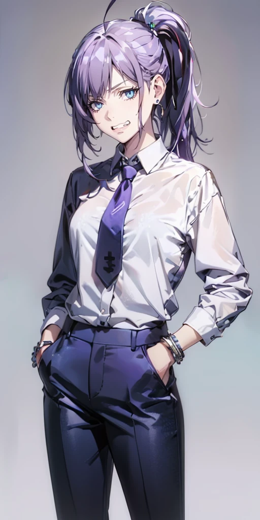 MC, ahoge, (long hari, purple hair:1.3), hair ornament, dark-blue eyes, anatomically correct, heavy breathing, mature female, anatomically correct, best quality, masterpiece, high quality, high details, highres, HD, 1girl, solo, jewelry, necktie, pants, grey background, grin, bracelet, formal, hands in pockets, hollow eyes, bright pupils, dark-blue eyes, looking at viewer. glowing eyes heavy breathing, embarrassed, clenched teeth, lips, bokeh