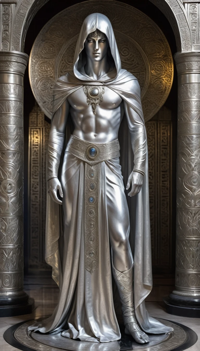 A full-length statue of the sexual young man with beautiful opened silver eyes looking forward with silver skin - God of the moon, made of silver, arabic appearance, naked in a floor-length silver skirt, covered with a hood, semicircular symbols on clothes    
In the temple with Arabic architecture made of silver, dark fantasy style