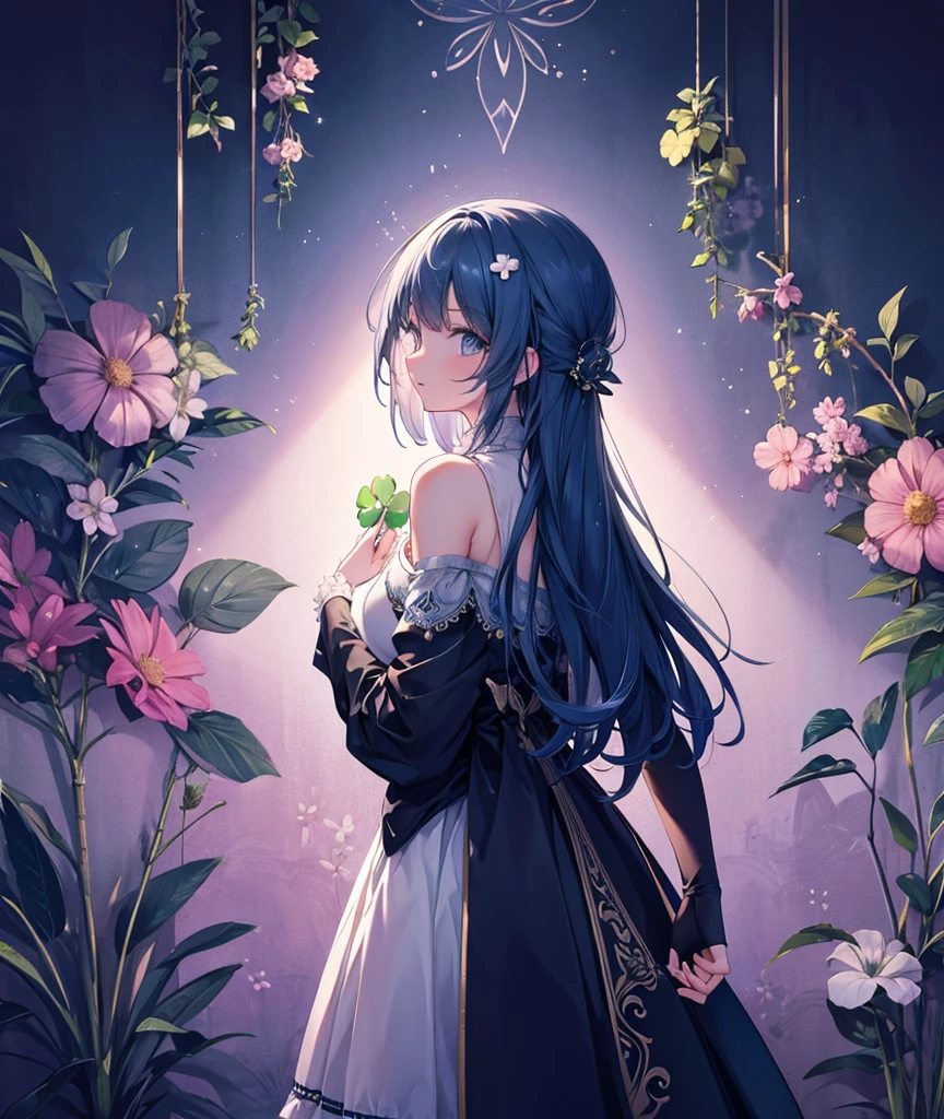 A person standing under a high wall,Holding a lucky four-leaf clover, looking up and forward,Background two-dimensional wallpaper 4k ultra clear,The character is a girl,With your back to me,night,Highlighting the insignificance of characters,Side close-up,Magical World