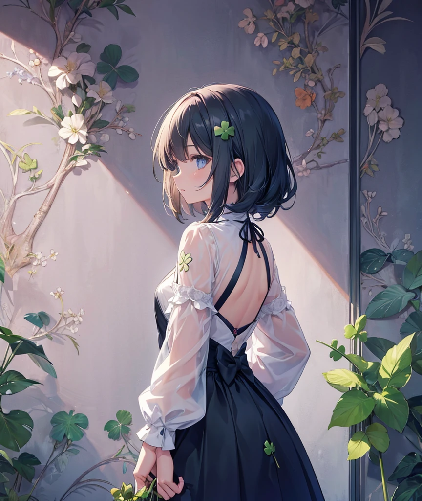 A person standing under a high wall,Holding a lucky four-leaf clover, looking up and forward,Background two-dimensional wallpaper 4k ultra clear,The character is a girl,With your back to me,night,Highlighting the insignificance of characters,Side close-up,Magical World