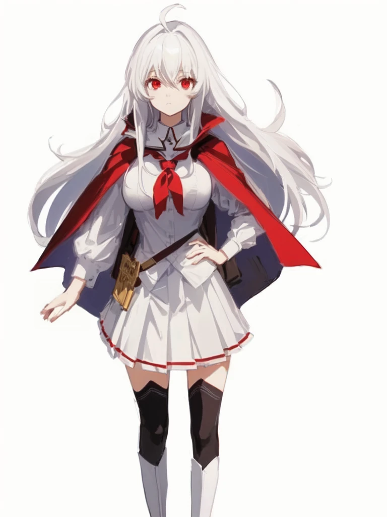 masterpiece, best quality, comic, adorable girl, very long hair, white hair, ahoge, eyeball, expressionless,  red eyes, large breasts, seifuku, cape, skirt, black thighhighs, boots, side backpack, hand_on_hip, 