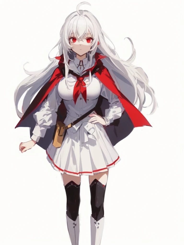 masterpiece, best quality, comic, adorable girl, very long hair, white hair, ahoge, eyeball, expressionless,  red eyes, large breasts, seifuku, cape, skirt, black thighhighs, boots, side backpack, hand_on_hip, 