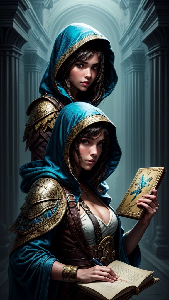 Speed painting of portrait of a fantasy female brunette human adventurer, with a blue hood, in a temple, D&D character, holding a single very large magic book with butterfly on the book cover.