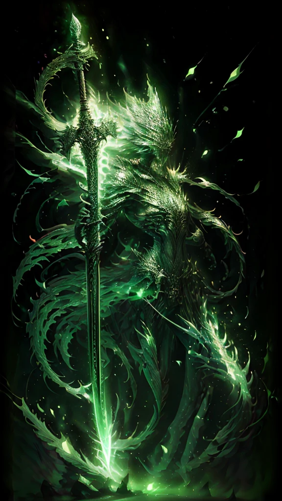 a green magic spear in the darkness, light shining on the spear 