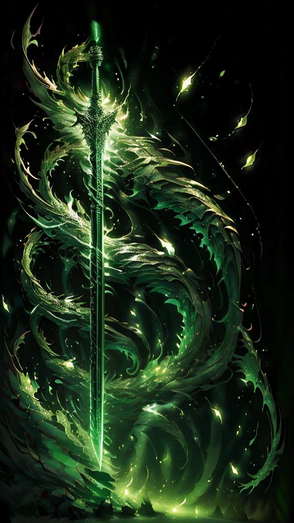 a green magic spear in the darkness, light shining on the spear 