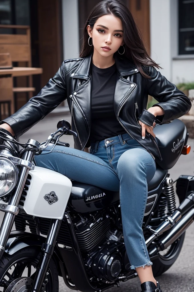 Uma mulher em uma moto customizada usando jaqueta de couro preto , calsa jeans azul