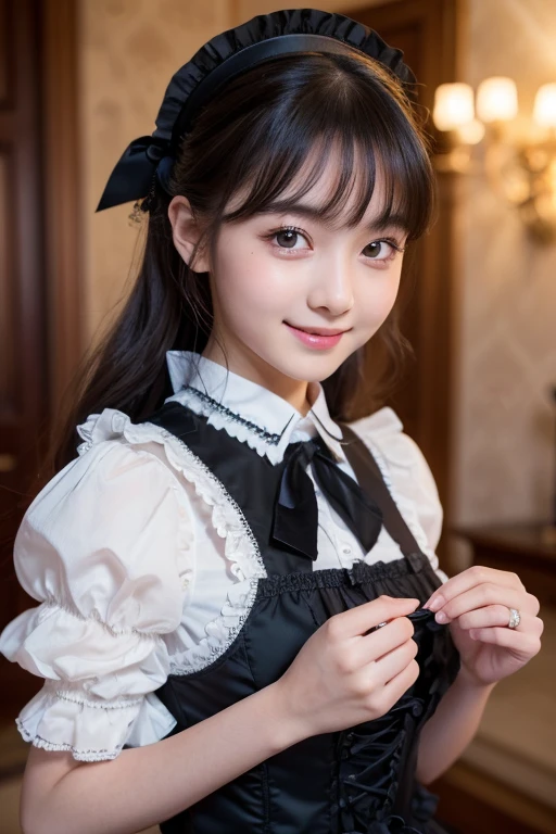 1 nogizaka girl, very cute, bishojo, , (Gothic Lolita Fashi Exquisitely drawn beautiful faces, eyes and skin, Detailed black shiny hair, Elegant frills, Frilled tie, Ribbon tie, Rose Hair Accessories, (Smiling for the camera), (Cowboy Shot), (European Castles), Professional Lighting, break, (Realistic, photo-Realistic:1.37), 8k, (masterpiece), (highest quality:1.4), (Ultra-high resolution:1.2), (RAW Photos:1.2), (Delicate lace dress, Soft fabric, Beautiful rose pattern), Perfect Anatomy, Four fingers and a thumb, Highly detailed background, (unity 8k wallpaper)