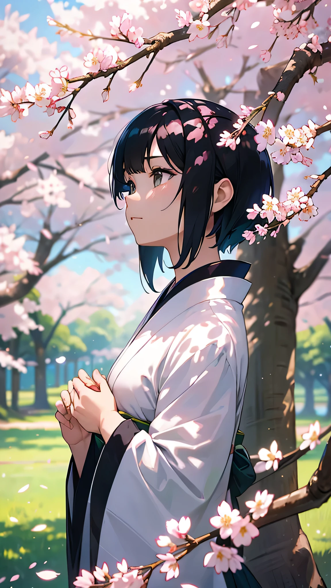 a beautiful japanese with short black hair wearing a blue , standing under a cherry blossom tree, looking up, bright sunlight filtering through the cherry blossoms, lush green grass in the foreground, highly detailed, 8k, photorealistic, masterpiece, beautiful lighting, vibrant colors