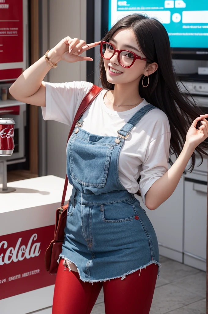 A can of red coca cola and wearing blue glasses dancing happily