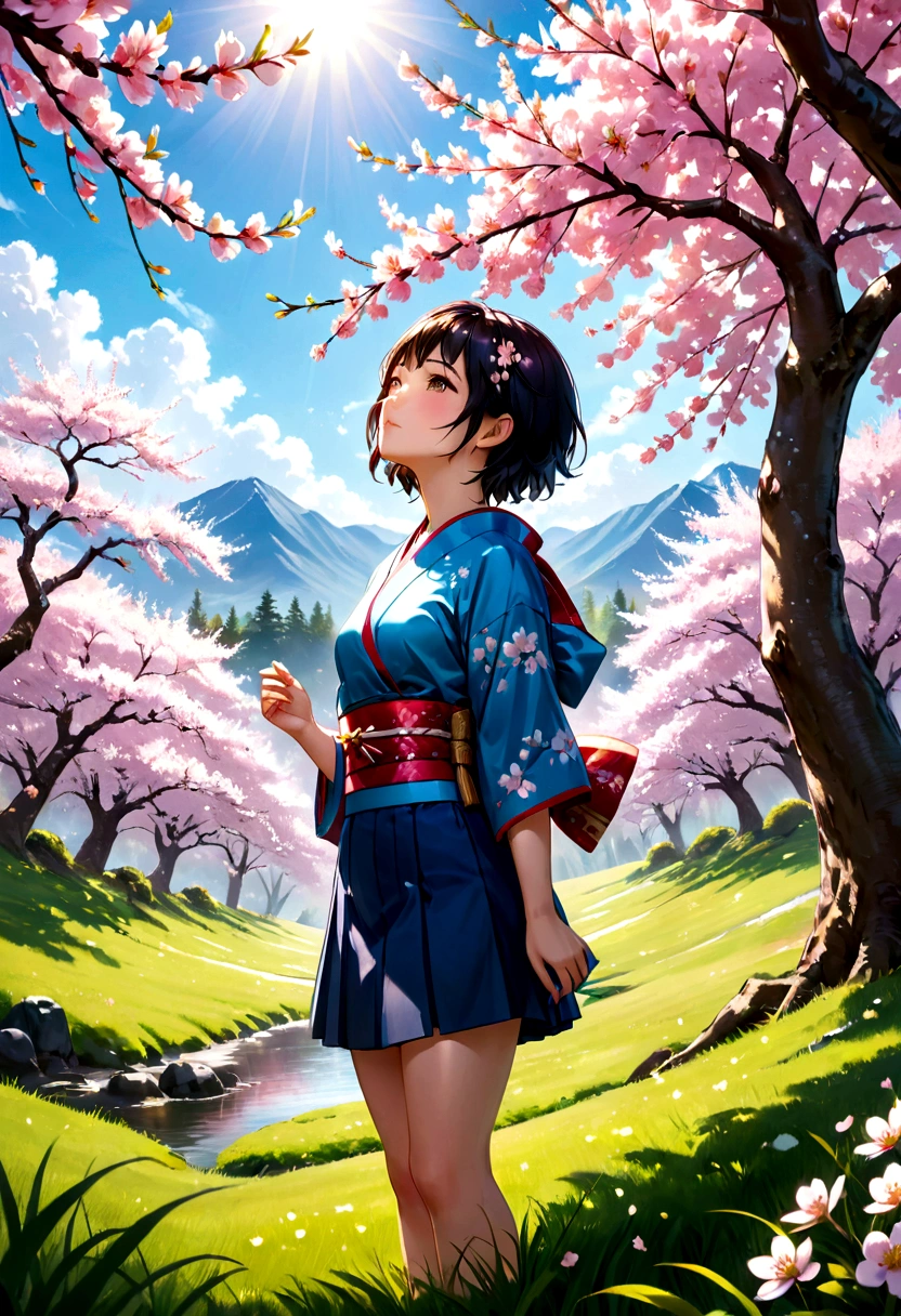 a beautiful japanese with short black hair wearing a blue , standing under a cherry blossom tree, looking up, bright sunlight filtering through the cherry blossoms, lush green grass in the foreground, highly detailed, 8k, photorealistic, masterpiece, beautiful lighting, vibrant colors