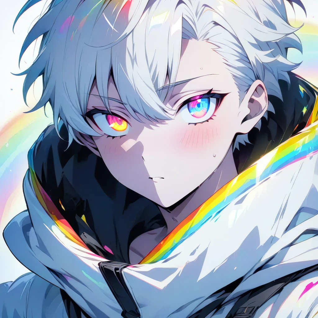 [(WHITE BACKGROUND:1.5)], ((masterpiece)), high quality, ((solo)), ((1 younger boy)), (white color short hair), (rainbow color eye), bright skin, white parka, upper body, ((anime style)),