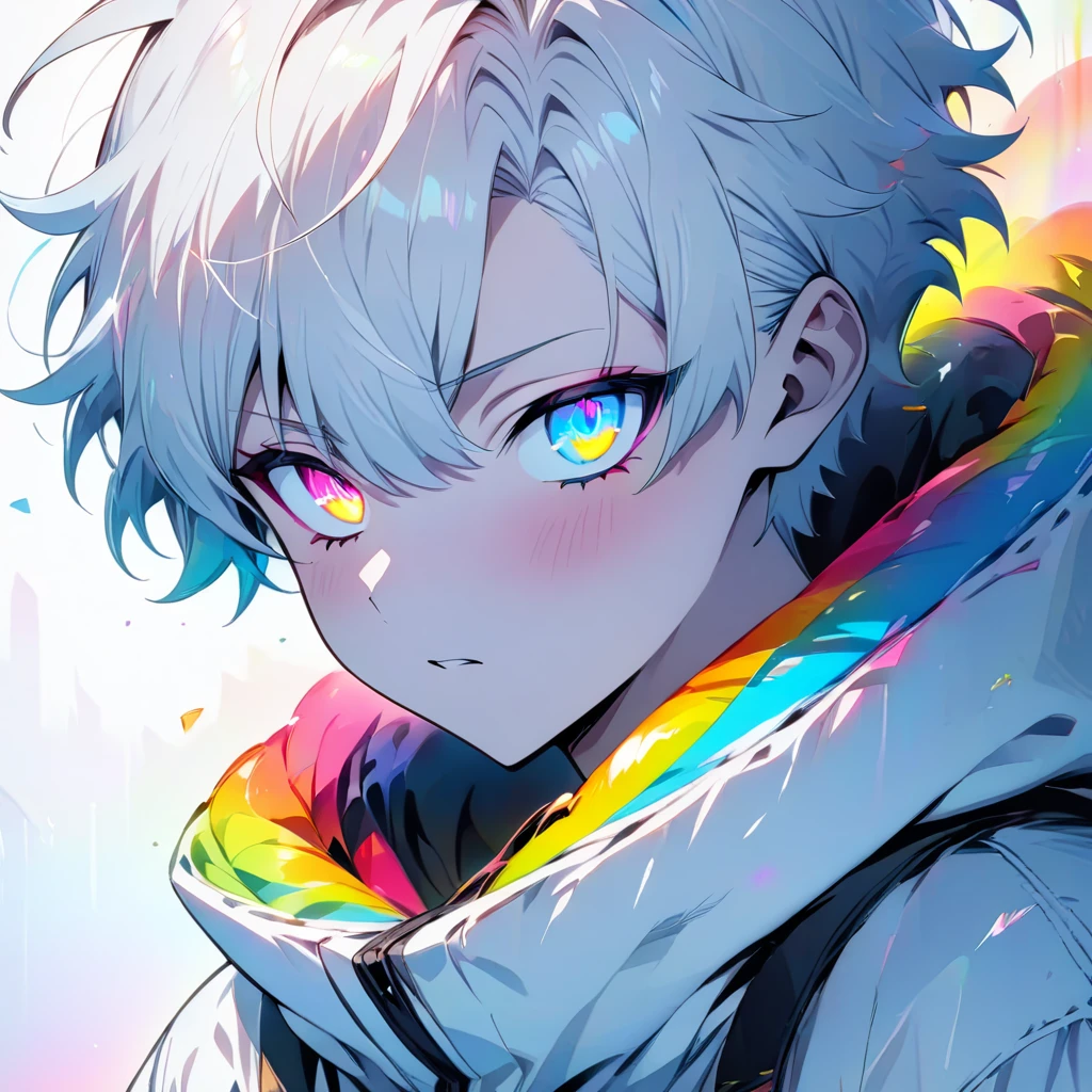 [(WHITE BACKGROUND:1.5)], ((masterpiece)), high quality, ((solo)), ((1 younger boy)), (white color short hair), (rainbow color eye), bright skin, white parka, upper body, ((anime style)),