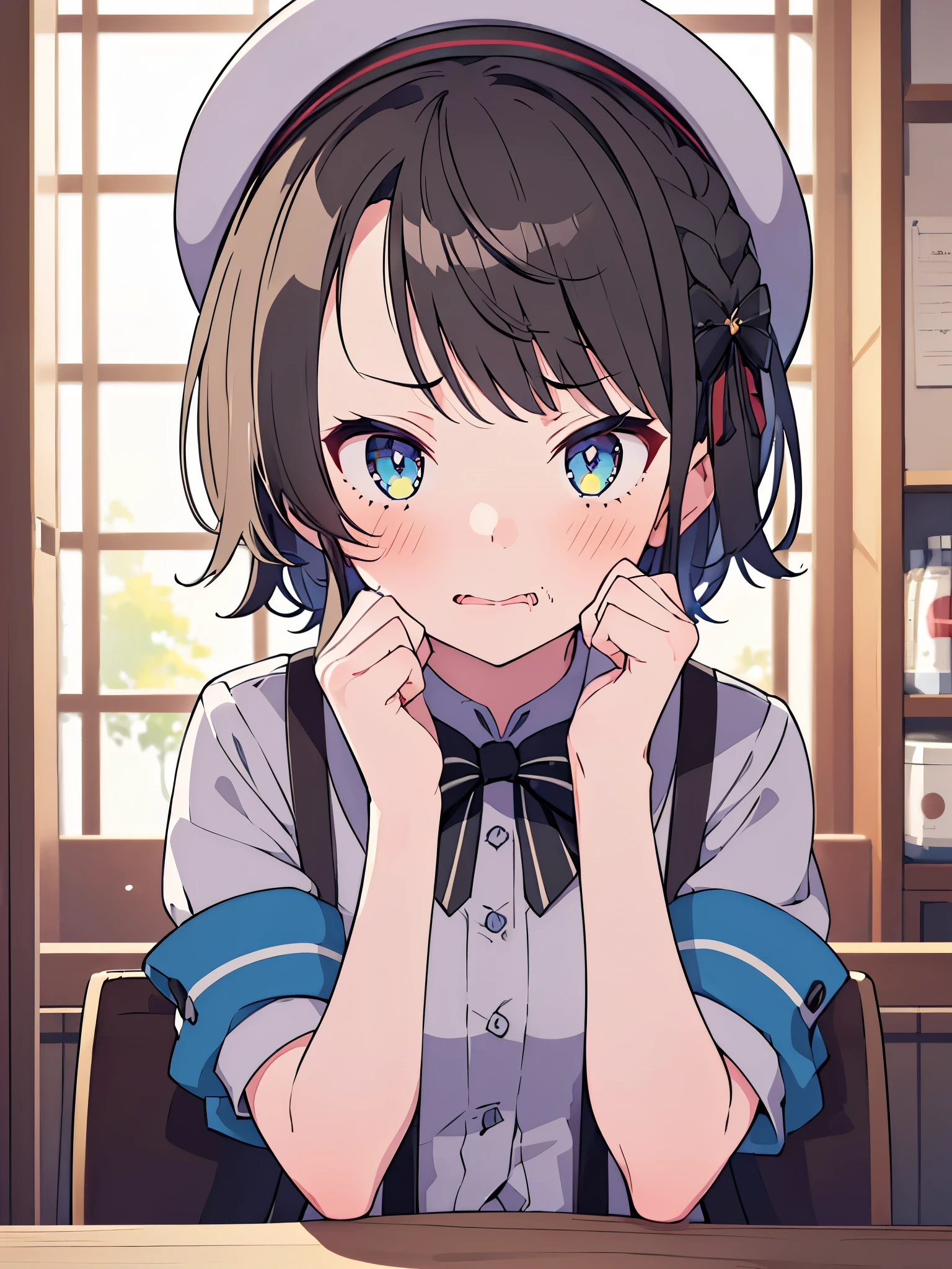 NSFW,(One girl:1.5),subaru_suspenders、French Braid、Grey Shirt、No arms、Black bow tie、Blue shorts、abdomen、Grey hat、Grey socks,indoor,inn,(Perfect hands),(Perfect Anatomy),(masterpiece),(highest quality),(Lustful face:1.5),Embarrassed,blush