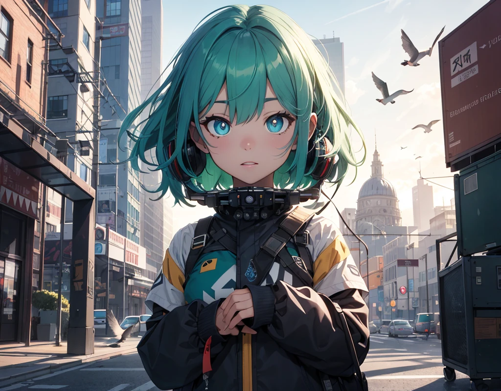 High Detail, Light,Pigeon,Nests,broadcast station,,City,Long blue-green hair,girl,Blue pupils,Ark of Tomorrow, Light線追蹤, Ultra HD, masterpiece, 4k, best quality