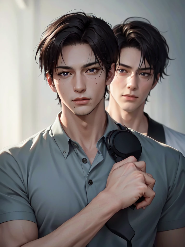 a 40 year old man (red short hair:1.0), grey eyes, moles all over the face, wearing an official uniform, masculinity, teacher, medic, (best quality,4k,8k,highres,masterpiece:1.2),ultra-detailed,(realistic,photorealistic,photo-realistic:1.37),cinematic lighting,highly detailed face and body,sharp focus,vivid colors,anime style