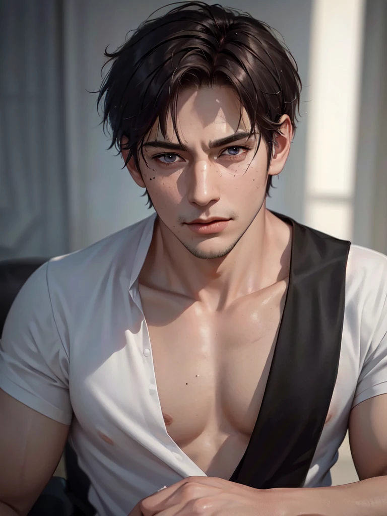 a 40 year old man (red short hair:1.0), grey eyes, moles all over the face, wearing an official uniform, masculinity, teacher, medic, (best quality,4k,8k,highres,masterpiece:1.2),ultra-detailed,(realistic,photorealistic,photo-realistic:1.37),cinematic lighting,highly detailed face and body,sharp focus,vivid colors,anime style