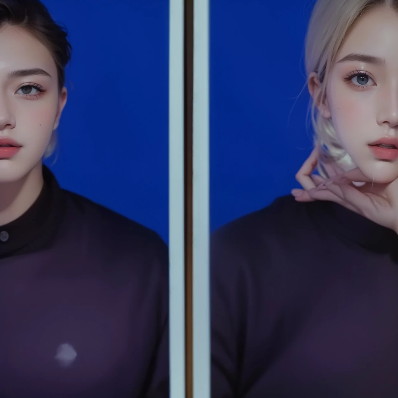 Best quality, masterpiece, ultra high res, (photorealistic:1.5), raw photo, 1girl, offshoulder, in the dark, deep shadow, low key, cold light, sexy look, short hair