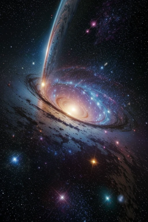 I want a huge galaxy in the middle of space with vibrant, warm colors. Quero como se ela estivesse prestes a explodir. As estrelas brilhantes de fundo.