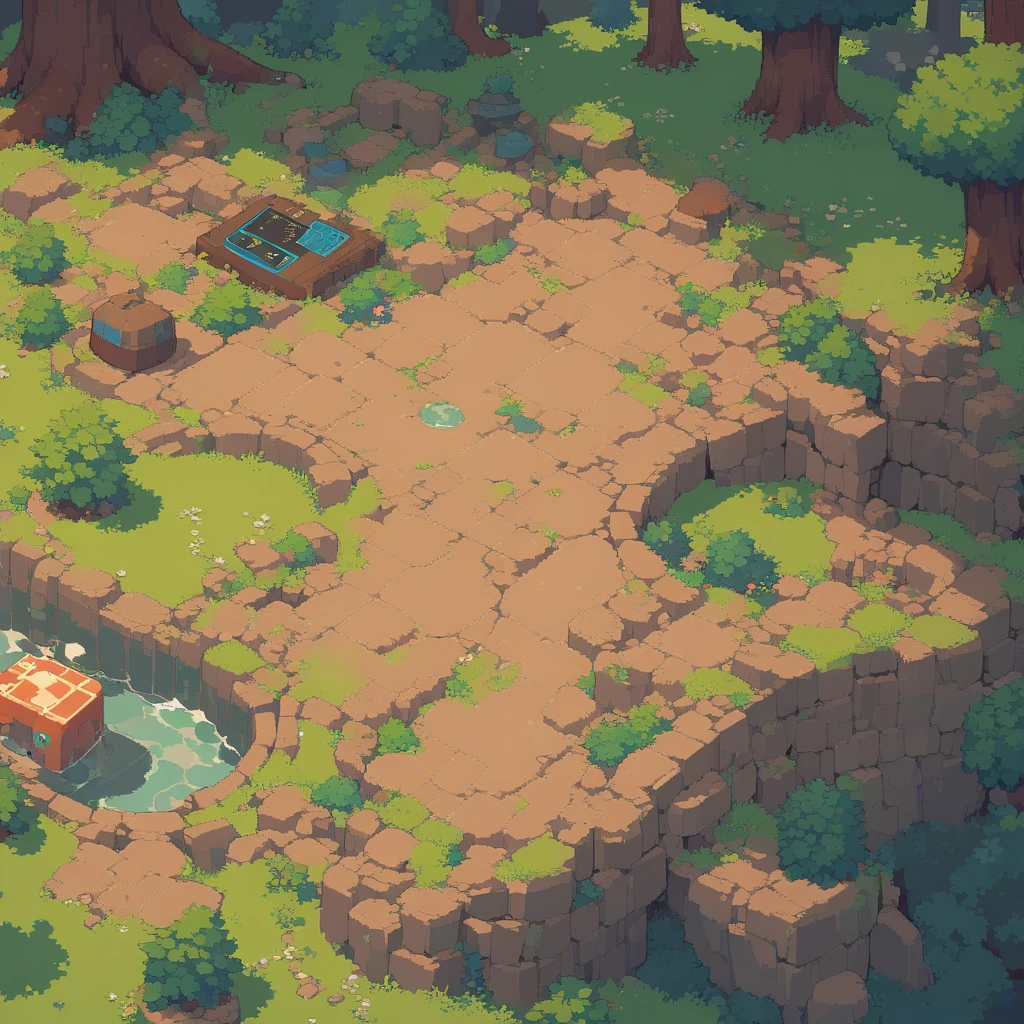 retro video game style,pixelated graphics,vibrant colors,8-bit characters,blocky shapes,sharp lines,detailed shading,classic gaming vibe,nostalgic atmosphere,classic arcade games,masterpiece:1.2,ultra-detailed,illustration style, 2d texture, clay texture, stone texture, 4 k seamless mud texture, video game texture, dirt texture, clay material, flat texture, grass, trees, rock texture, rocky ground, forest, topdown view, game texture, background art, ground very detailed, dirt, floor texture, tileable texture, flowers, bushes, shrubs, intricate ground stone, top down view, 3/4th perspective