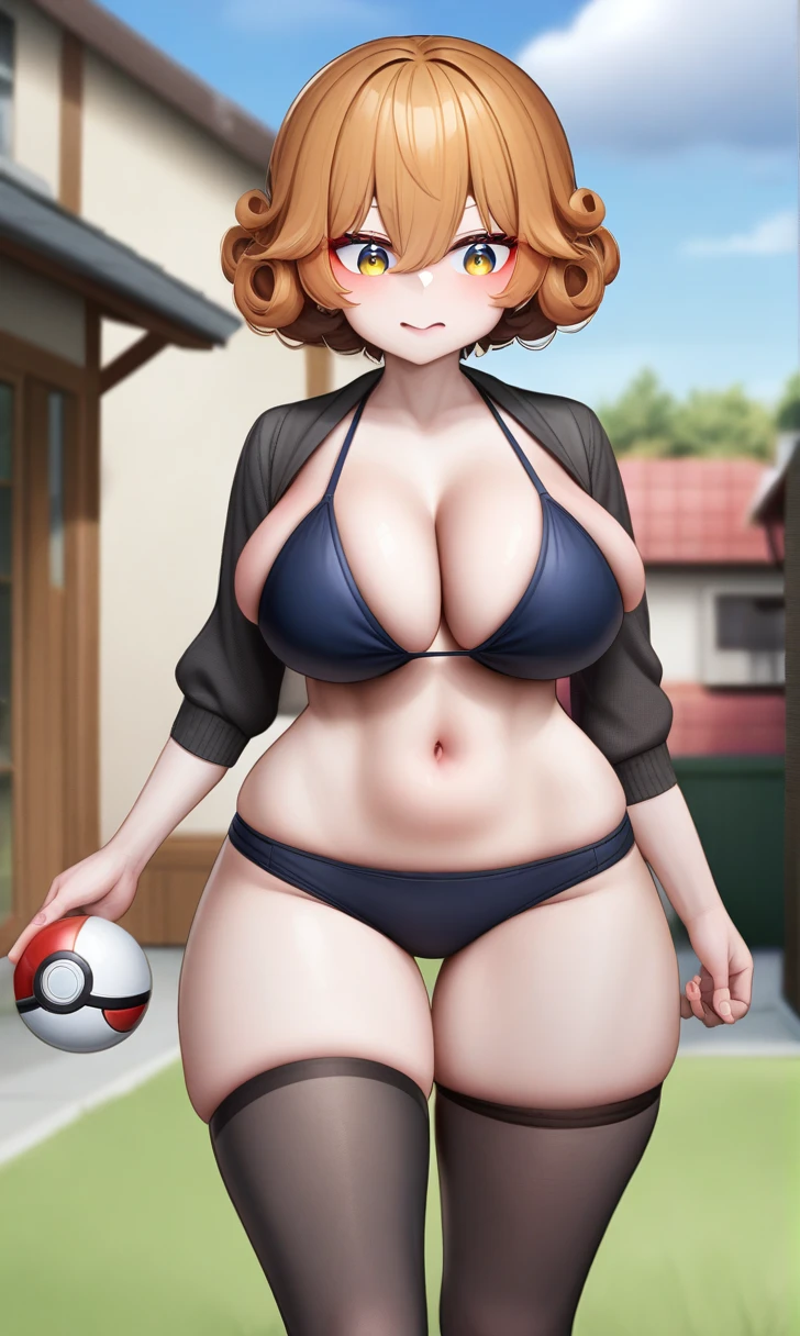 une femme , tenant une pokeball dans sa main , brune , curly hair , curvy