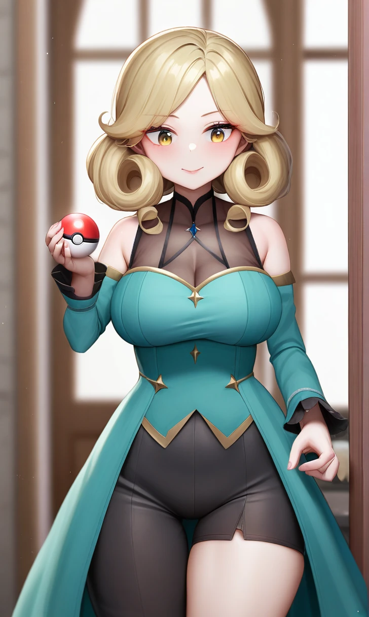 une femme , tenant une pokeball dans sa main , brune , curly hair , curvy