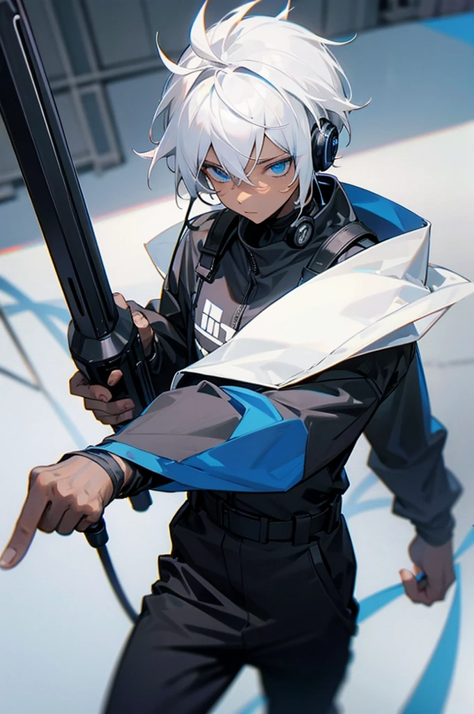 Young adult, Male, white hair, blue Eyes, African American skin color, black jumpsuit, headphones, Armed.