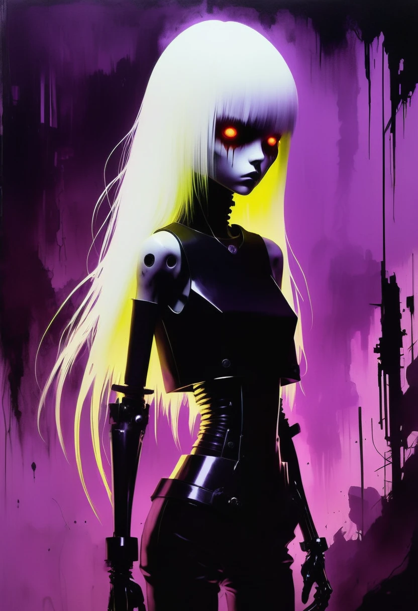 Ashley Wood style, dark scarlet background, Chemiluminescence, girl in bright colors neon, purple, yellow, pink, (minimalism: 1), ray tracing details...Stephen Gammell style - Iaya in the style of Stephen Gammell
