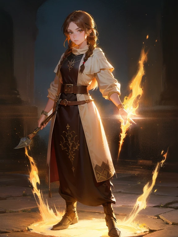 masterpiece, best quality, rpg character art, epic fantasy art style, 1 girl, Lily, girl creating an earthquake around her, kid, seriouemeaner, dynamic pose, super powers, ready for battle, she's glowing slightly (soft white glow around her body), full body fantasy concept art, caramel brown hair in 2 long braids, brown eyes, freckles, high detail, fantasy medieval style clothes (light clothing, modest but feminine), intricate details, ultra high resolution, sharp focus, HD, 8k, clear facial features, clear details, background is a detailed small medieval village, zoomed out view