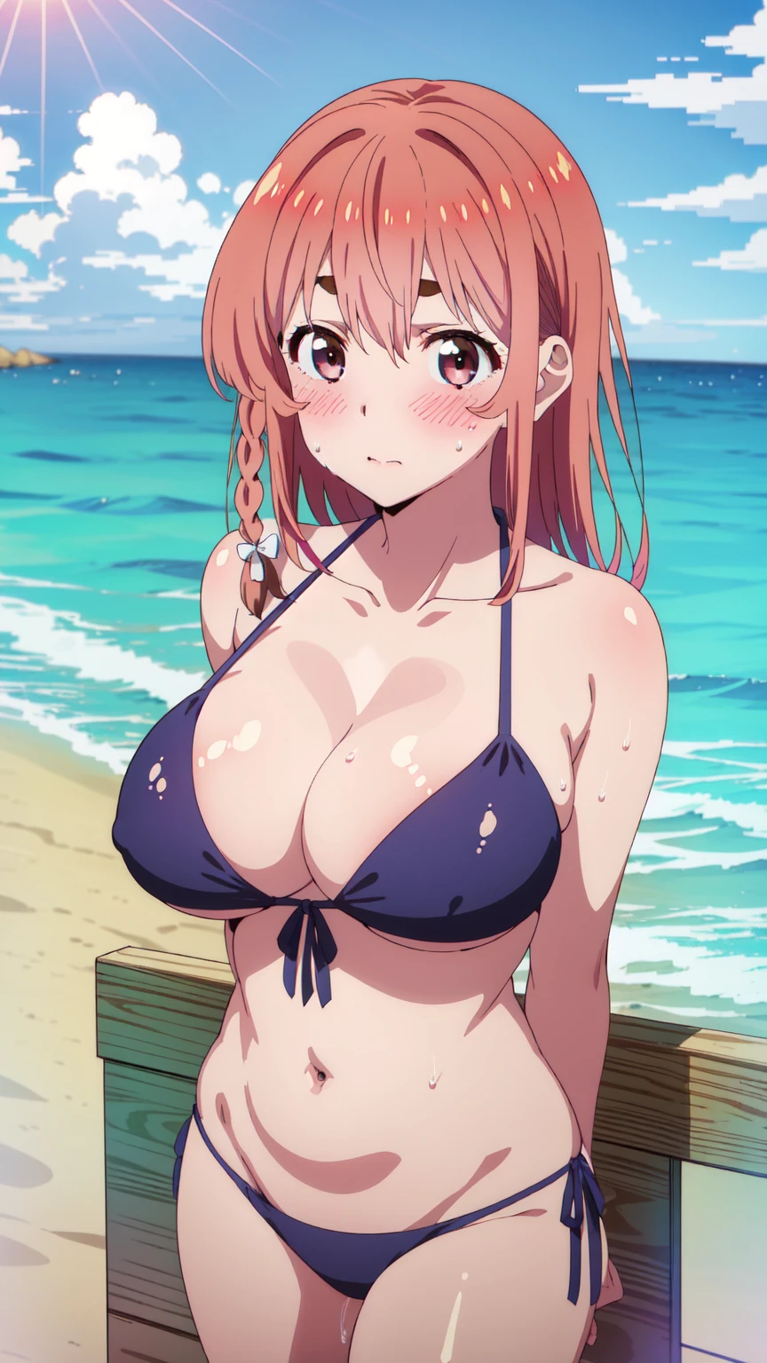 (((Pixel Perfect, Detail Perfect))), alone, 1 Girl, Sakurazawa Sumi, Watching the audience, blush, Embarrassing, looking at the viewer, blue theme, blue background, cloudy sky, sunlight, sweat, orgasmic, bikini swimsuit, large breasts, cleavage, belly button exposed, collarbone, thighs, sea and beach,