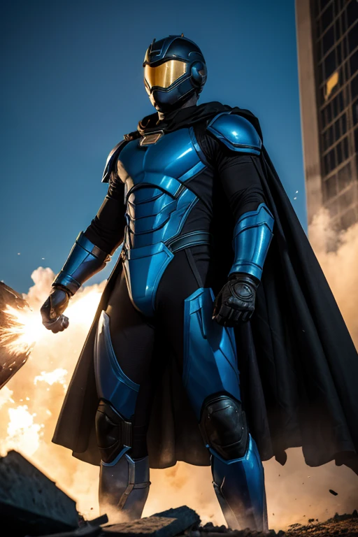 highres:1.2), ultra-detailed, realistic, superhero man, godly metal blue armor with black, black cape, black gloves, black stripes on both sides of arms with blue, no logo on armor, wears a fully black astronaut helmet with golden visor, superhero base, cinematic lighting, dramatic shadows, volumetric lighting, epic fantasy, hyper detailed, majestic, awe-inspiring, heroic, powerful pose, and lives in destroyed city