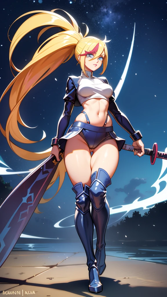 1 girl, ultra long hair, ultra detailed face, glowing lips, glowing blue eyes, very long ponytail, elegant walk, catwalk, holding down a  giant katana, blonde, long eyelashes, long boots , looking to the sky, starry sky, a ultra giant katana 