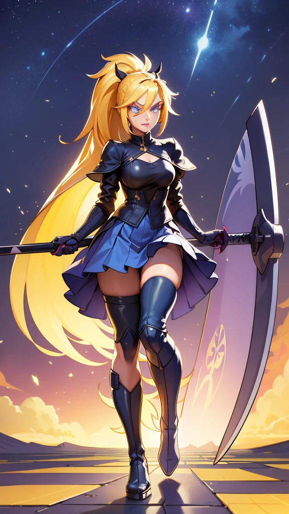 1 girl, ultra long hair, ultra detailed face, glowing lips, glowing blue eyes, very long ponytail, elegant walk, catwalk, holding down a  giant katana, blonde, long eyelashes, long boots , looking to the sky, starry sky, a ultra giant katana 