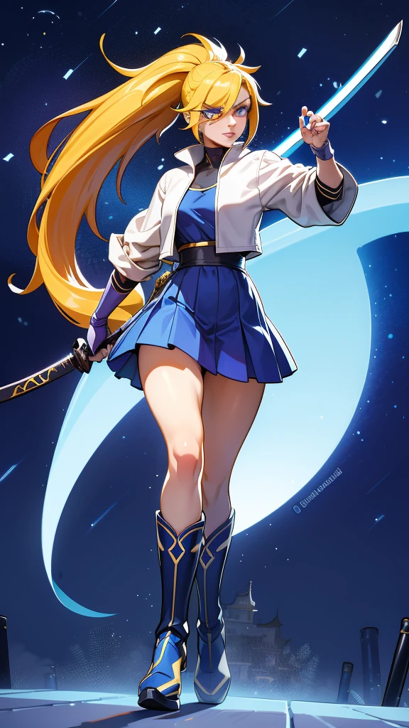 1 girl, ultra long hair, ultra detailed face, glowing lips, glowing blue eyes, very long ponytail, elegant walk, catwalk, holding down a  giant katana, blonde, long eyelashes, long boots , looking to the sky, starry sky, a ultra giant katana 