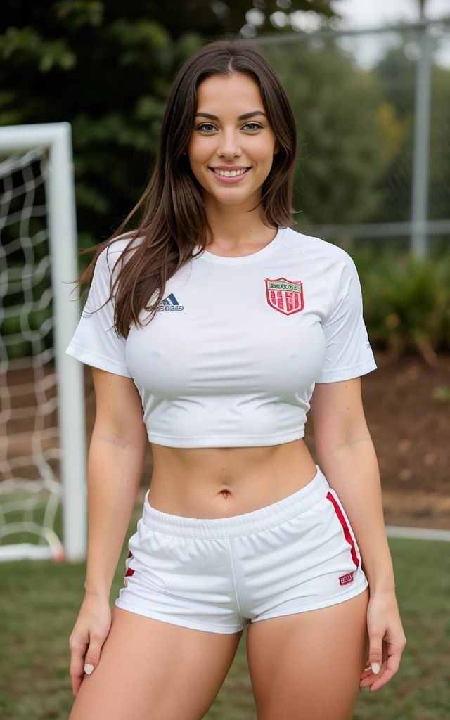 Beautiful smiling, very large breasts, smiling woman wearing a white soccer top, white soccer shorts, full length body, woman standing in front of a soccer pitch, highly detailed, 22 years old, , , smile face, brunette hair, blue eyes, high resolution, Masterpiece, Best quality, Intricate high detail, Highly detailed, Sharp focus, Detailed skin, realistic skin texture, texture, detailed eyes, professional, 4k, charming smile, shot on Canon, 85mm, shallow depth of field, Kodak Vision Color, Perfect Fit Body , extremely detailed, photography_\(ultra\), Photorealistic, Realistic, Post-processing, maximum details, roughness, real life, ultra realistic, Photorealism, photography, 8k UHD, photography, large breasts