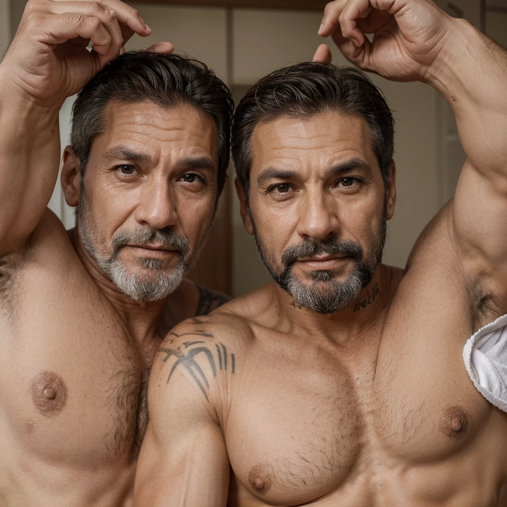 a close up of a man with a tattoo on his arm and with a white beard and a shirtless shirt, Homen de 50 anos, Sogro Gostoso, Homem de 5 0 anos, ele tem cerca de 60 anos, ele tem cerca de 6 0 anos, barba branca curta, 5 5 eles, homens de 45 anos, wrinkles and muscles, Masculino e forte, 7 0 anos, looking at the camera com olhos azuis