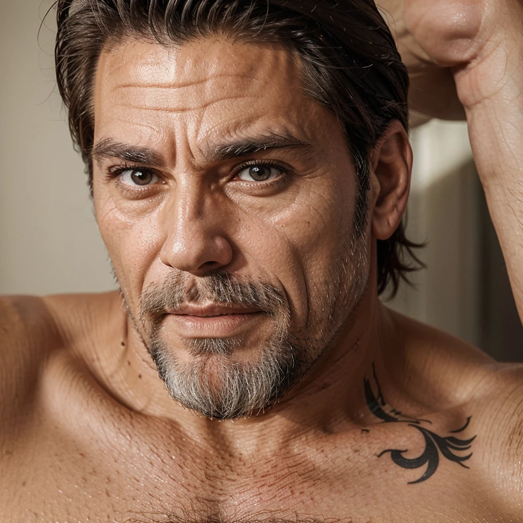 a close up of a man with a tattoo on his arm and with a white beard and a shirtless shirt, Homen de 50 anos, Sogro Gostoso, Homem de 5 0 anos, ele tem cerca de 60 anos, ele tem cerca de 6 0 anos, barba branca curta, 5 5 eles, homens de 45 anos, wrinkles and muscles, Masculino e forte, 7 0 anos, looking at the camera com olhos azuis