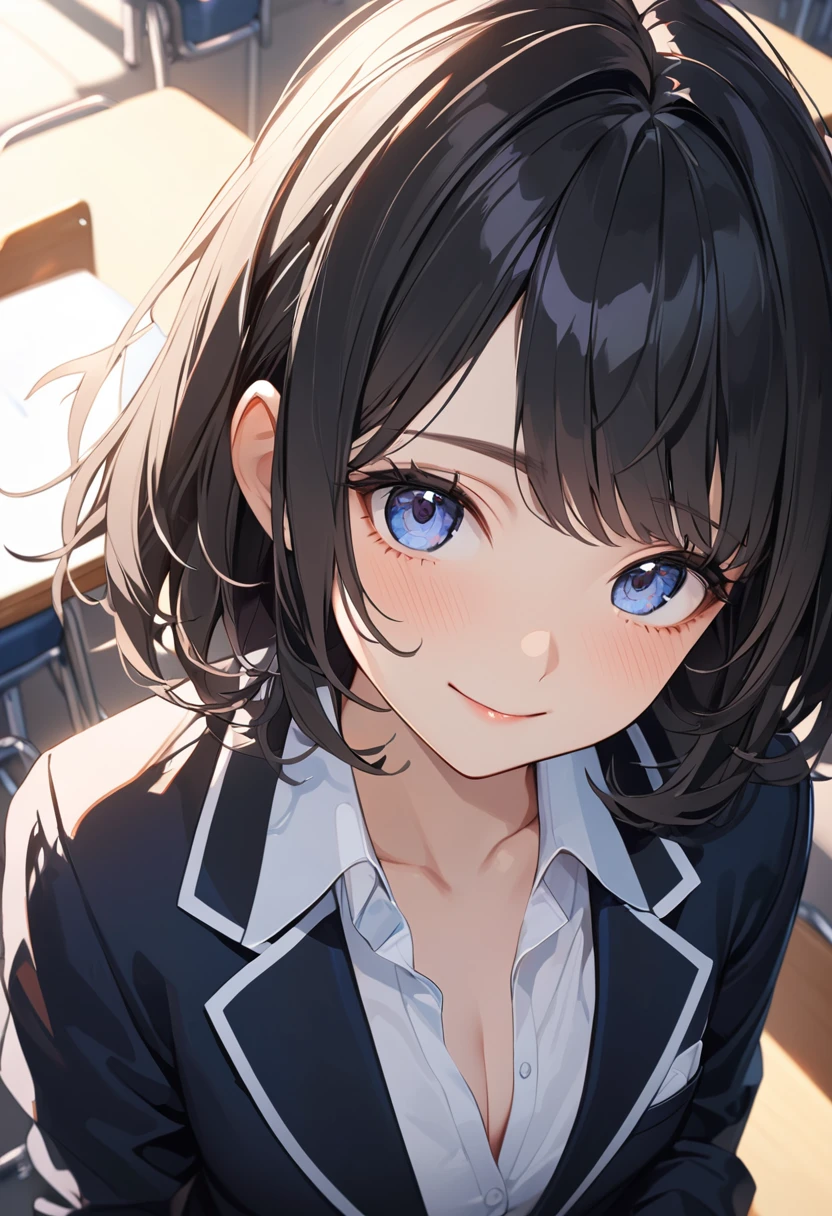 8k, highest quality, masterpiece, Wallpapers by Unity 8k, (One Girl) , 17 years old、 Perfect detail, (Best lighting) , (非常にComplexディテール)、 1girl, Black Hair、Round eyes、Very detailed, Complex、Flat Chest、 from above, smile、High 、blazer、White shirt、Cleavage、Close-up、School classroom