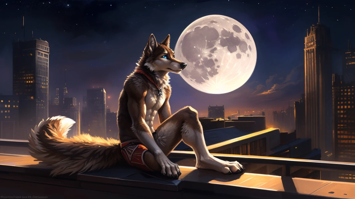 ((Solo)), male people, anthro wolf, (Multi-colored fur, White-brown:1.3), ((Wolf face, Big eyes, White eyelids, Blue pupil, Slim:1.2) (Tough, Calm expression:1.2)), (Height 2.1 meters,Tail length 1.5m), Abs, Slim, pinging, (Correct anatomy), (Contour bone:1.2), The upper body is naked, (detailed outfits), a long large tail,Feet,(Realistic fur, Detailed fur texture, labeled:1.3)), (Natural lighting), Photorealistic, Hyperrealistic, ultradetailed, by Kenket,In the modern city,Roof,the night,Sit alone,Look at the full moon,It was dark,Starry